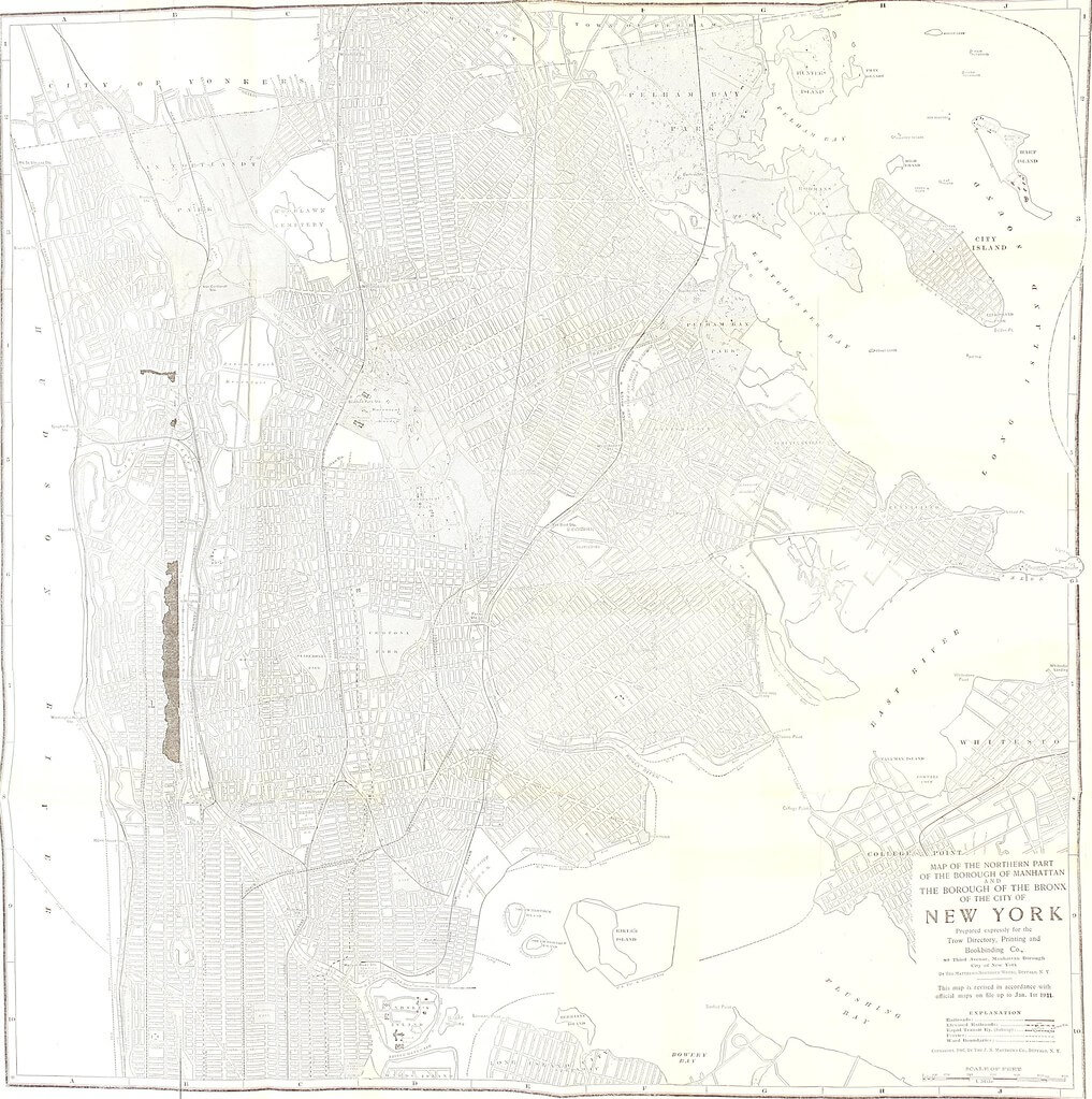 Mappa antica di due distretti di New York: Bronx e Manhattan